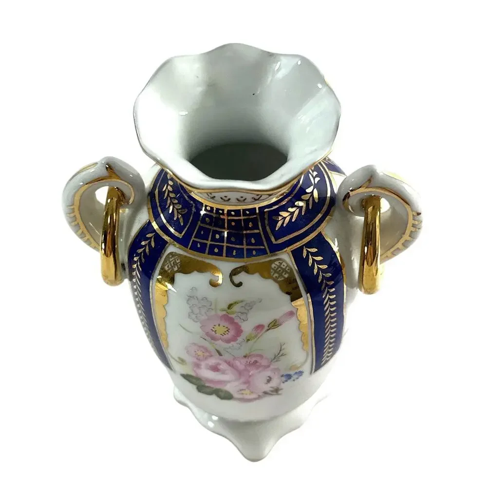 Angela 2003 Porcelain Vase Cobalt Blue Pink Floral Gold Gilt Double Handle 6”